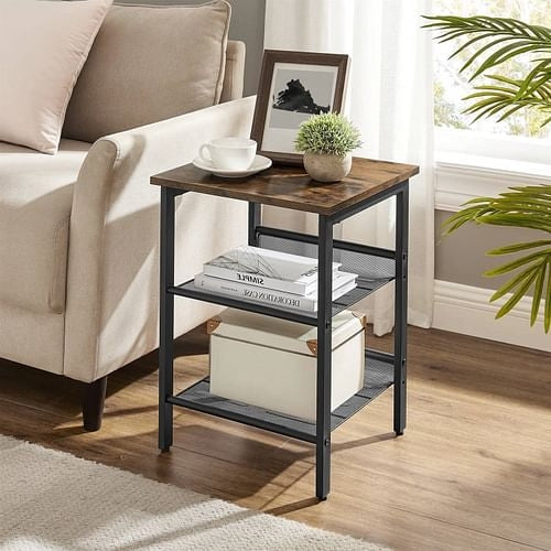 Modern Industrial End Table Nightstand Black Metal Brown Wood Top Side Yellow Crius
