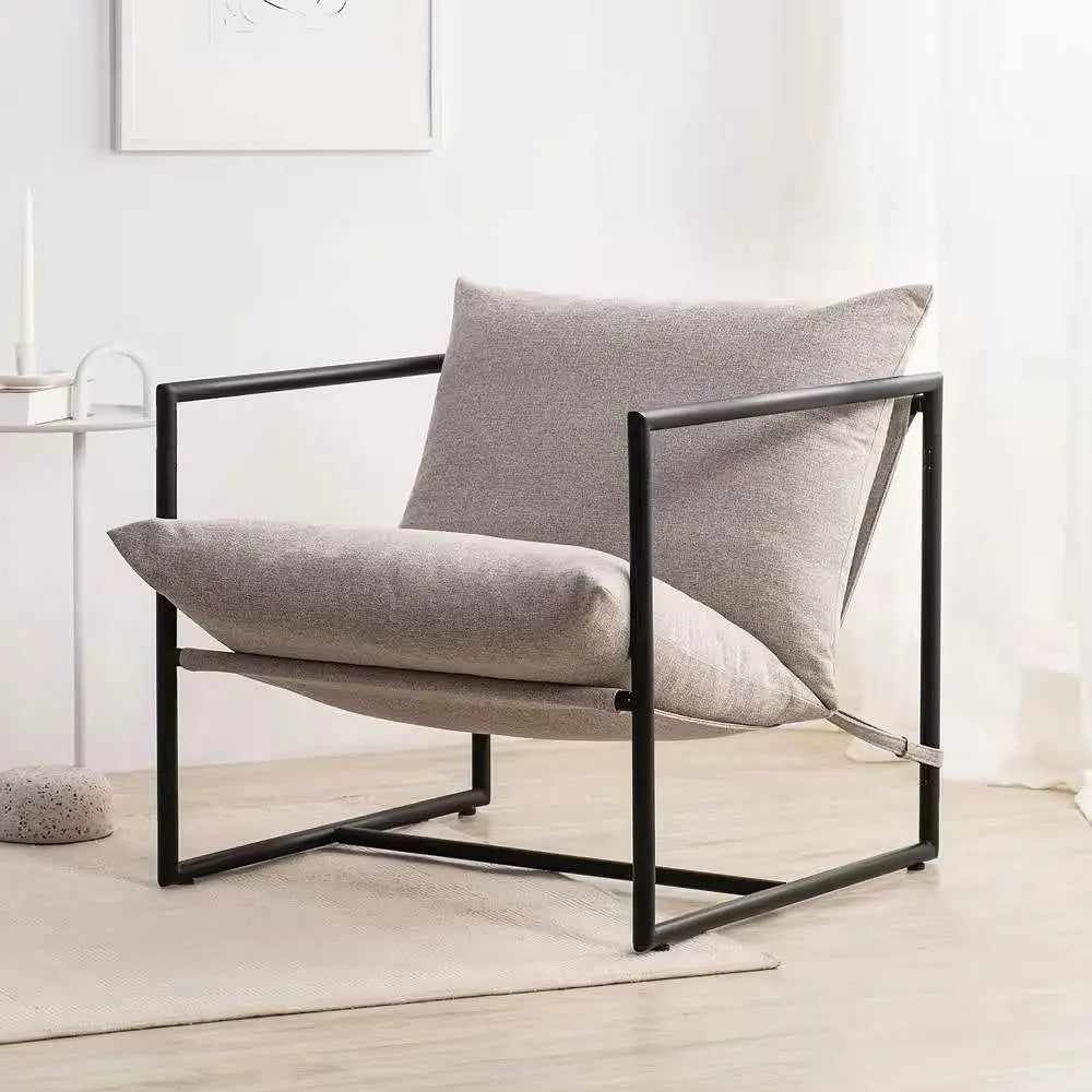 Modern Beige Grey Tan Oatmeal Upholstered Accent Chair with Metal Yellow Crius