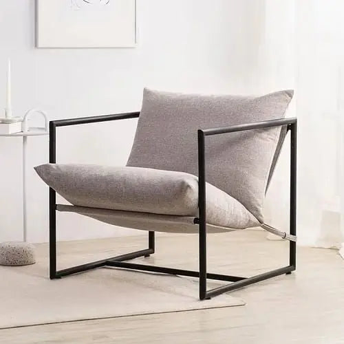 Modern Beige Grey Tan Oatmeal Upholstered Accent Chair with Metal Yellow Crius