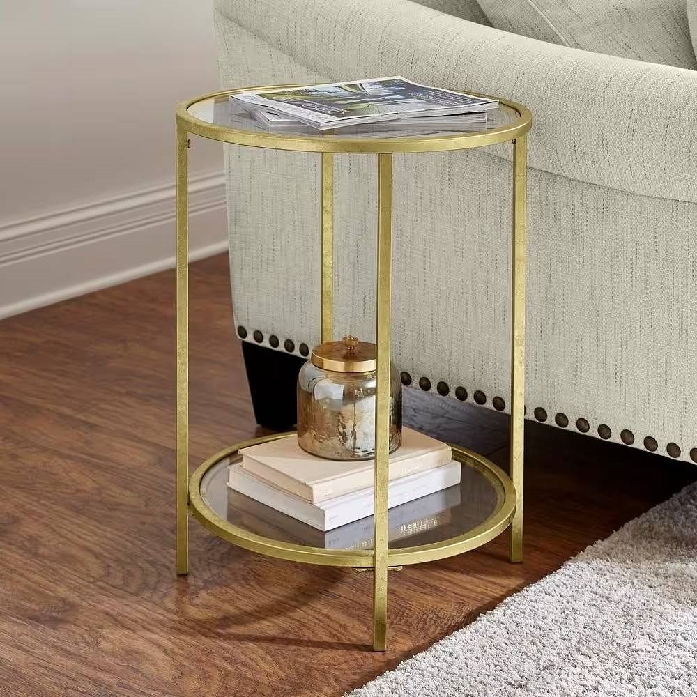 Round Accent Side Table Gold Metal Glass Top Bottom Shelf End Table Yellow Crius