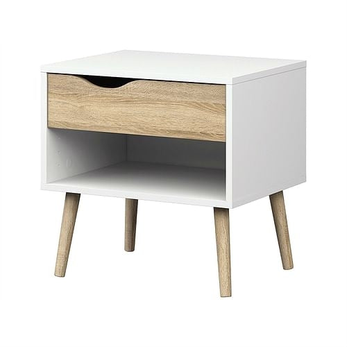 Modern Mid Century Style End Table Nightstand in White & Oak Finish Yellow Crius