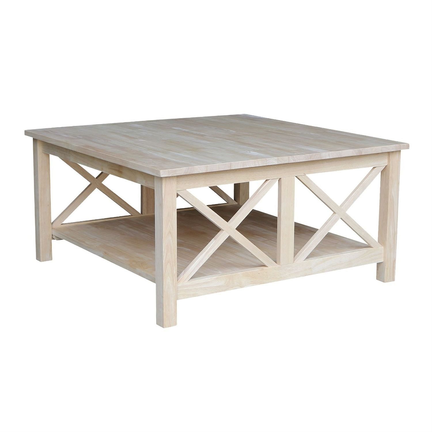 Square Unfinished Solid Wood Coffee Table with Bottom Shelf Yellow Crius