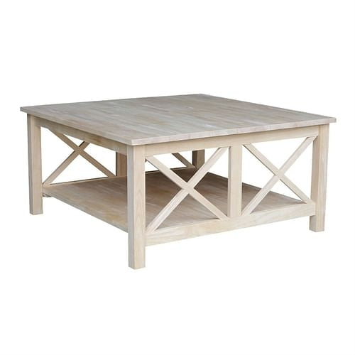 Square Unfinished Solid Wood Coffee Table with Bottom Shelf Yellow Crius
