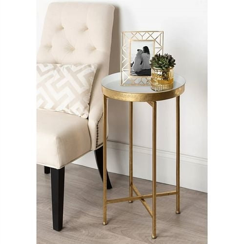 Gold Metal Round Nightstand End Table with Removable White Tray Top Yellow Crius