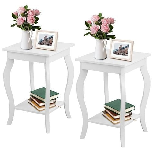 Stylish Nightstand End Table in White Wood Finish - Set of 2 Yellow Crius