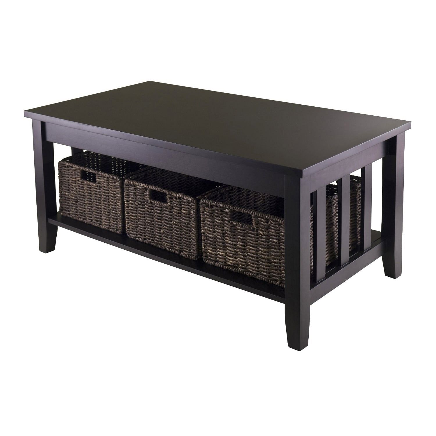 Mission Style Dark Wood Coffee Table with 3-Folding Storage Baskets Yellow Crius
