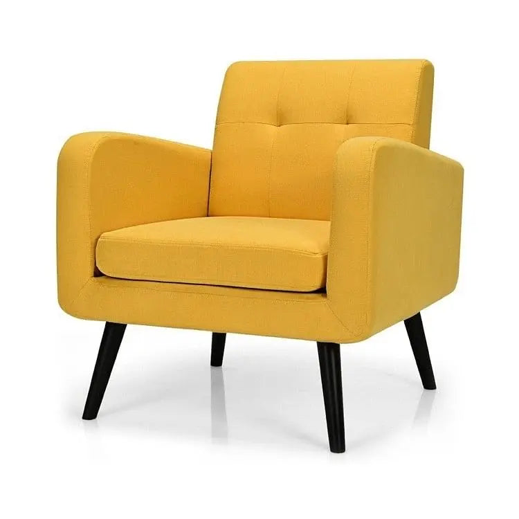 Mid-Century Modern Yellow Linen Upholstered Accent Chair with Wooden Yellow Crius