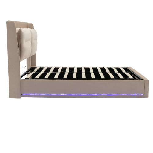 Upholstered Bed, 150x200 5ft King Size Bed, Hydraulic Bed, 2-in-1 Storage Drawers At The End Of The Bed, Recessed LED Light Strips On Both Sides Of The Bed, Slatted Frame, Velvet,Dark Gray