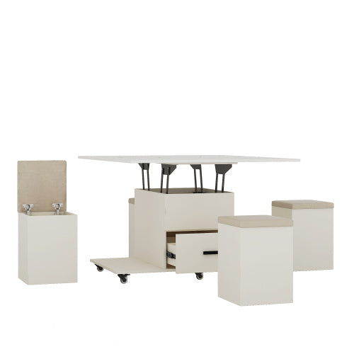 Modern Lift-Up Coffee Table With 4 Stools Set For Living Room Expandable 1 Hidden Storage 2 Drawers Space Saving Folding Dining Table CJDropshipping