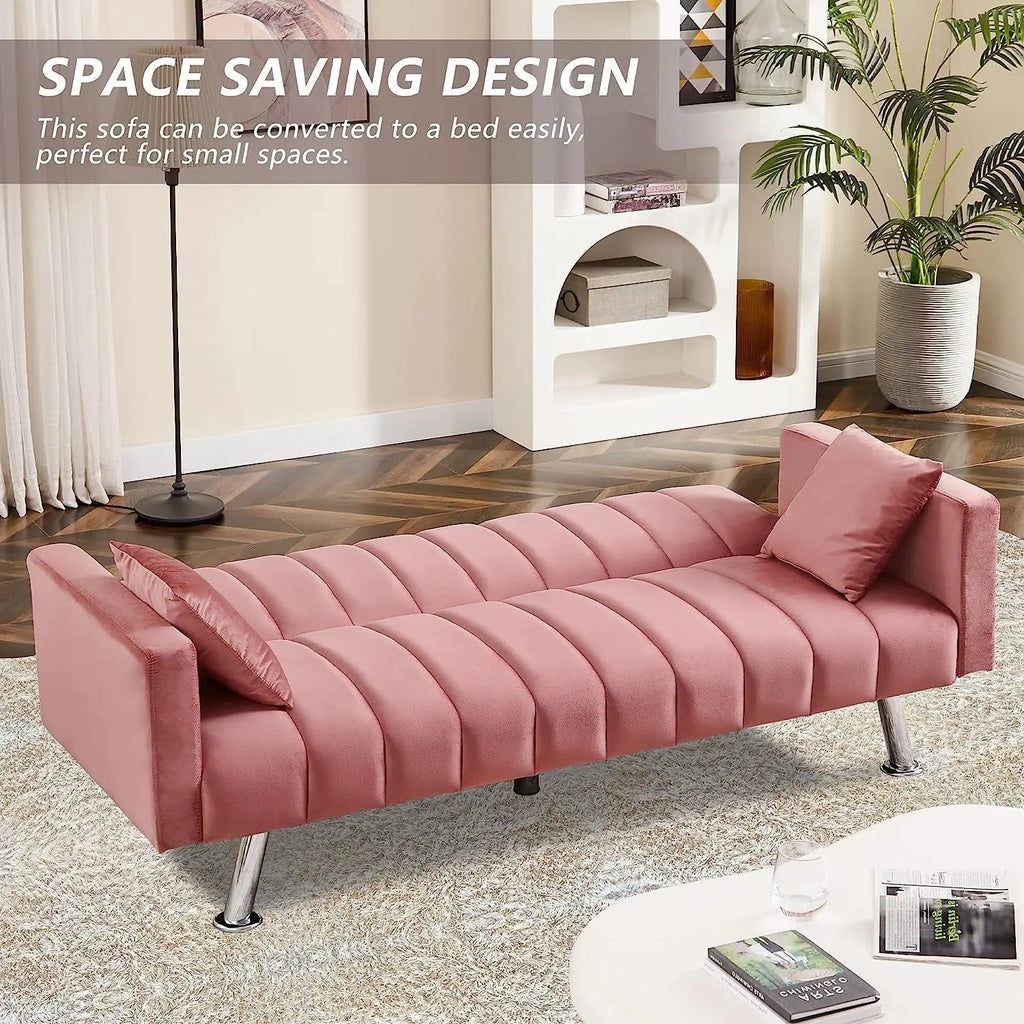 Pink Velvet Sofa Bed with 2 Pillows Peach Maple