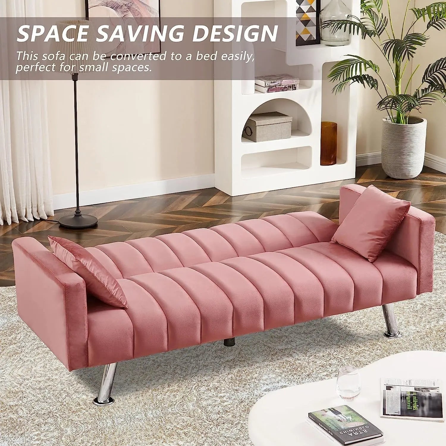Pink Velvet Sofa Bed with 2 Pillows Peach Maple