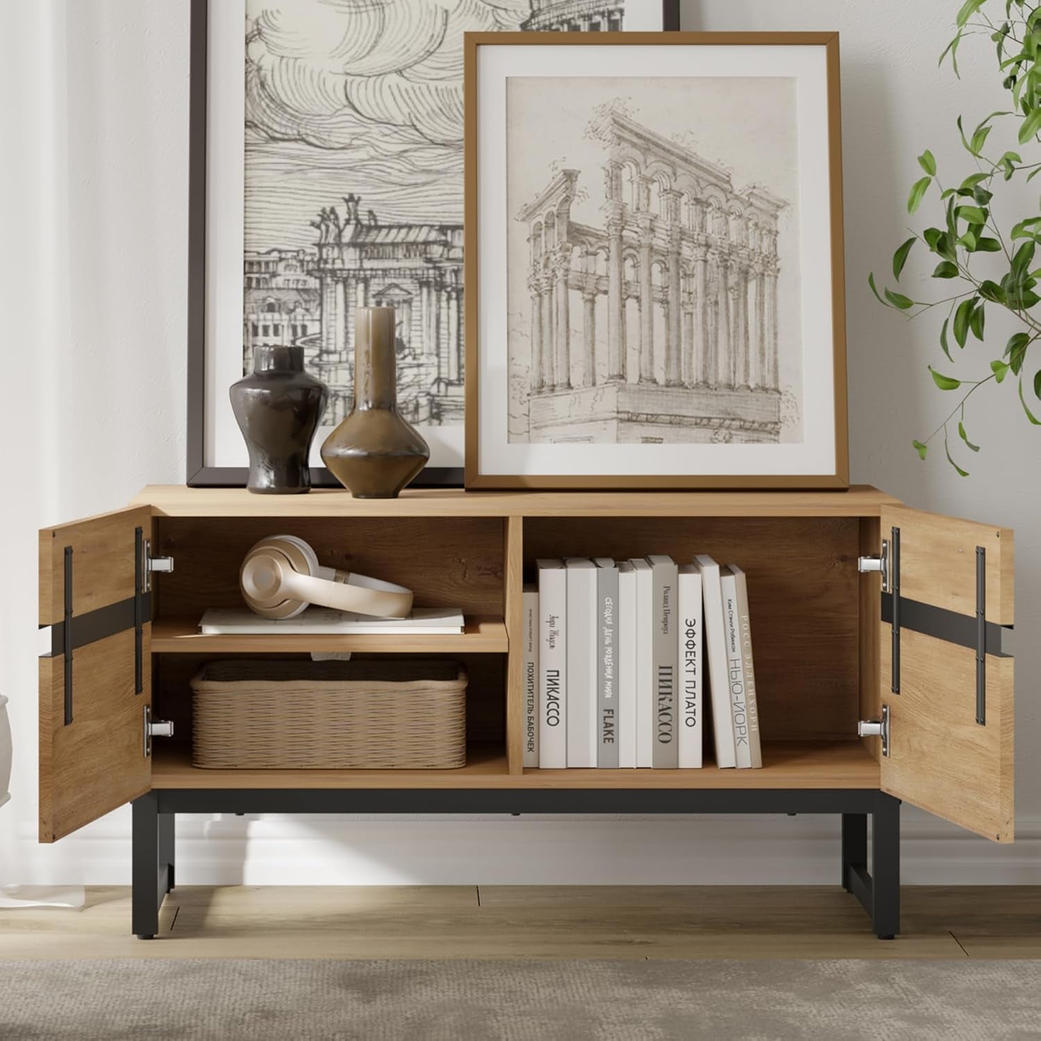 Modern TV Stand with Storage Cabinets for 110 Inch TV, Wood TV Peach Maple