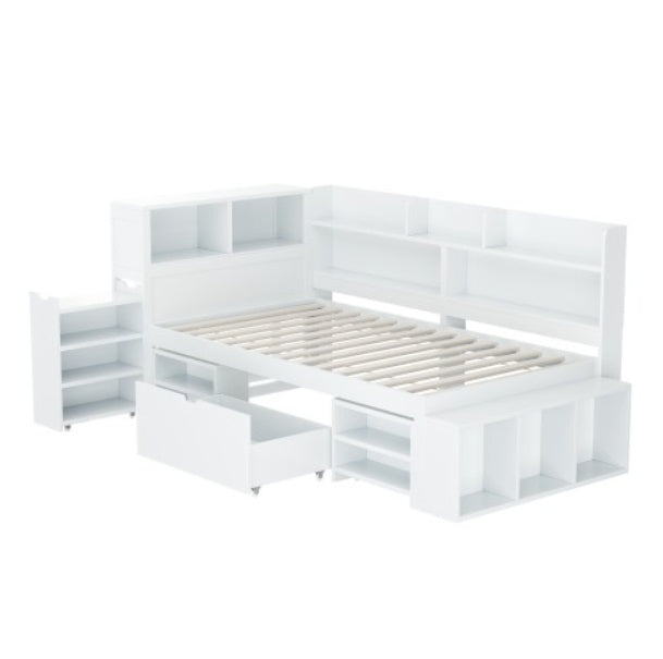 Children's Bed, Single Bed-3ft 90x190cm, Single Bed, Multifunctional Children's Bed With Drawers, Bookcase And Storage Cupboard, Large Storage Space, Slatted Frame, Without Mattress, White