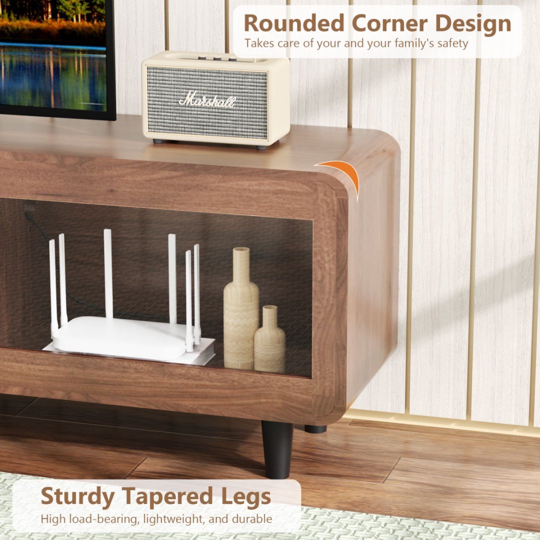 Mid Century Modern TV Stand For 55,60,65,70 Inch TV, Wood Entertainment Center With Power Outlets, Media Console With Sliding Doors And Open Shelf For Living Room, Walnut