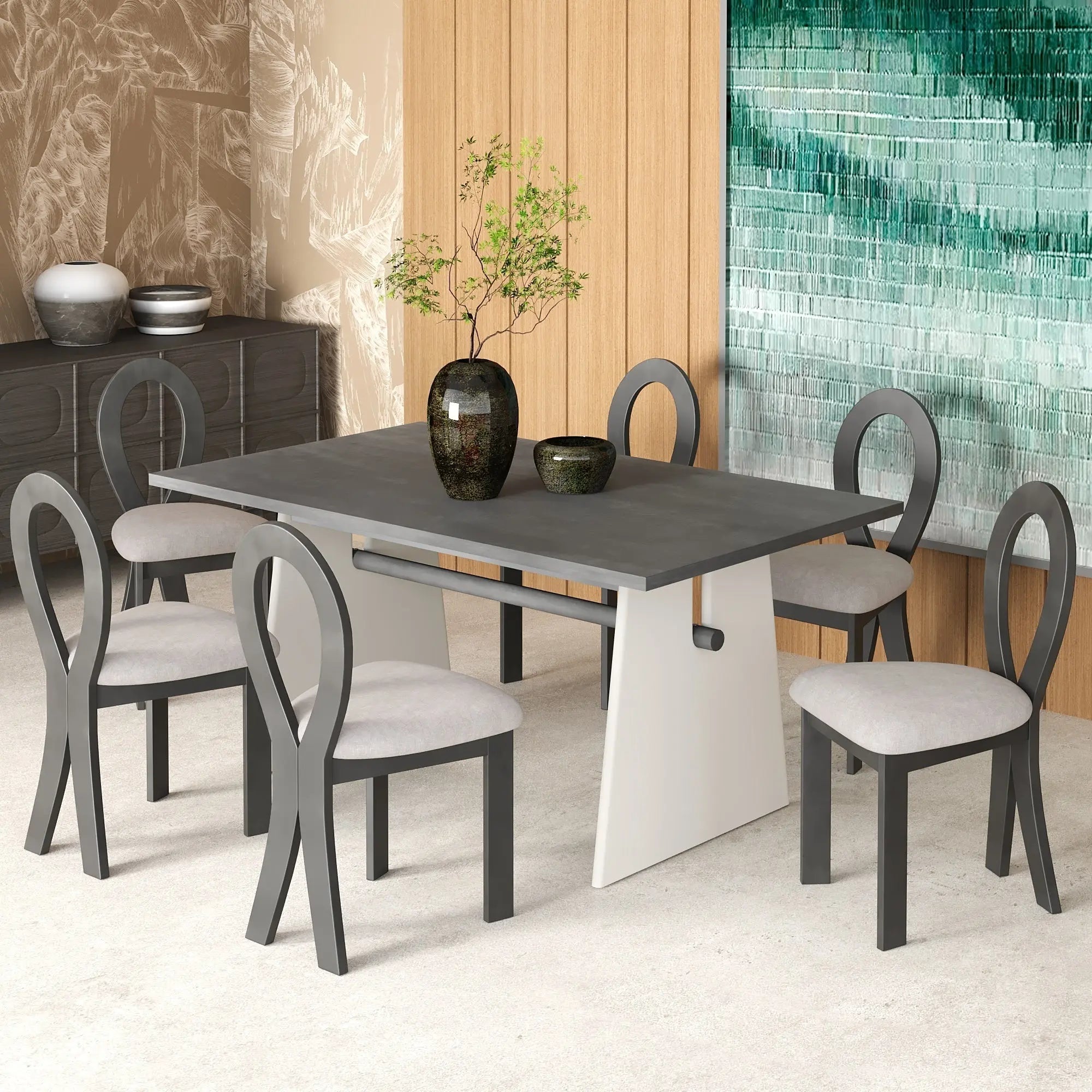 Modern 7-Piece Dining Table Set with Trestle Dining Table and 6 Sangria Beech