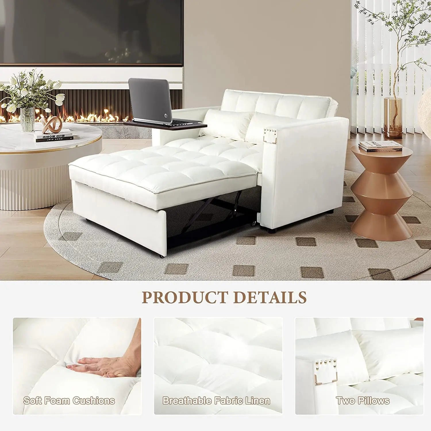 Multi-Functional Velvet Sleeper Sofa with Hidden Table Peach Maple
