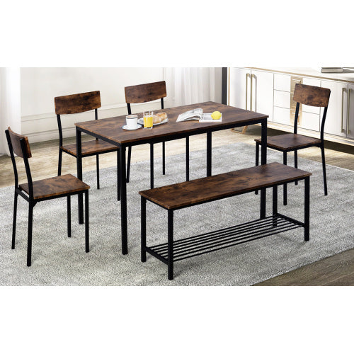 Dining Table Chair And Bench Set 6 Wooden Steel Frame Industrial Style Kitchen Dining Table Set