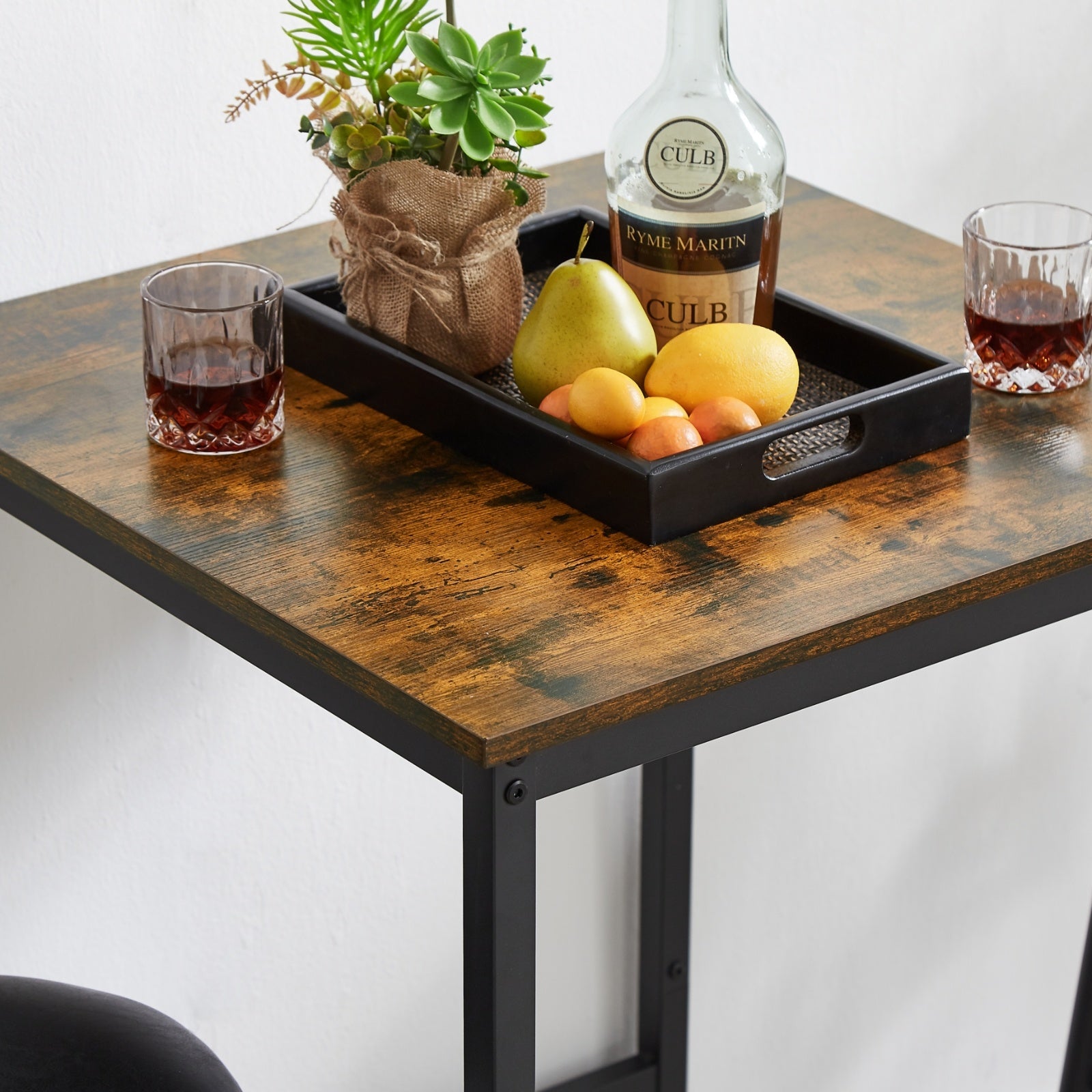 Bar Table Set With 2 Stools, PU Seat   Backrest, Rustic Brown, 23.62 W X 35 H