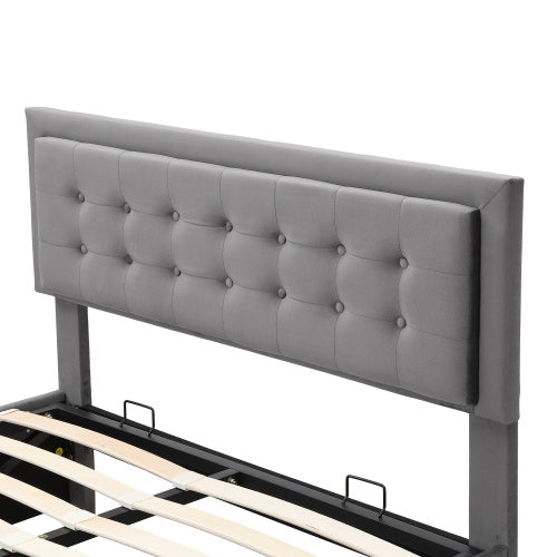 Upholstered Bed,Double Bed-4ft6 135x190cm, Velvet Fabric, Double Bed, Large Storage Space,With Slats And Headboard,Without Mattress,Grey