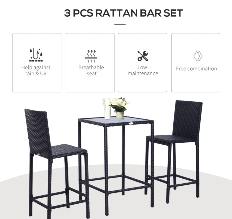 Wicker Bar Set, 3-Piece Outdoor Counter Height With Glass Top Table & Stools, All-Weather - Black