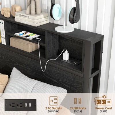 Twin Size Bed Frame With Storage Headboard, Metal Platform Bed With Charging Station, Bookcase Storage, No Box Spring Needed, Easy Assembly, Black