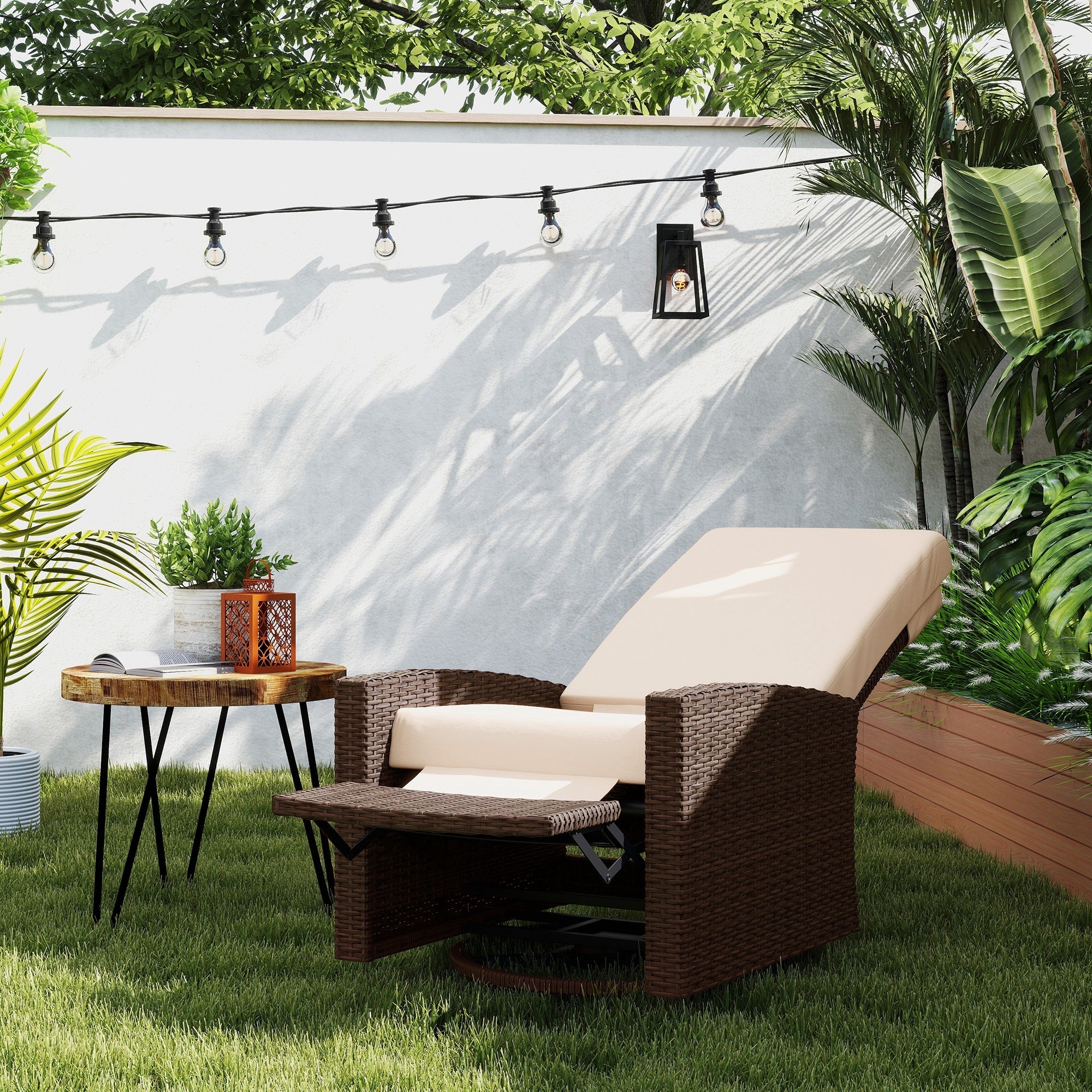 Outdoor Wicker Swivel Recliner Chair, Lifting Footrest, 360 Rotating Basic, Water-resistant Cushions, Cream White