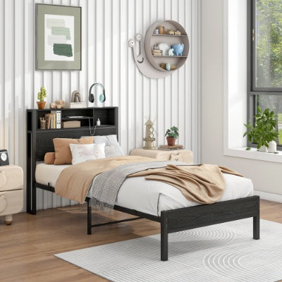 Twin Size Bed Frame With Storage Headboard, Metal Platform Bed With Charging Station, Bookcase Storage, No Box Spring Needed, Easy Assembly, Black