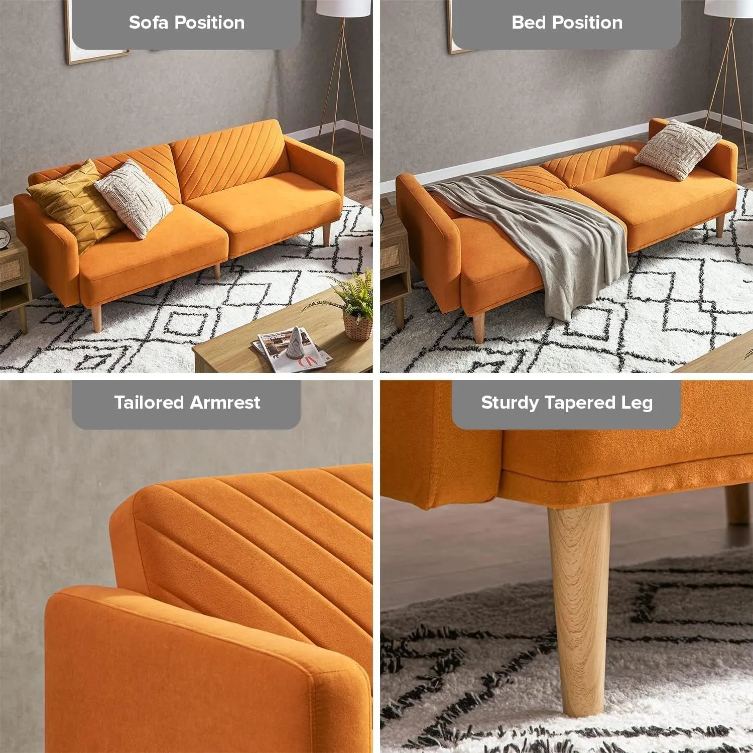 Chloe Futon Sofa Bed with Tapered Legs Peach Maple