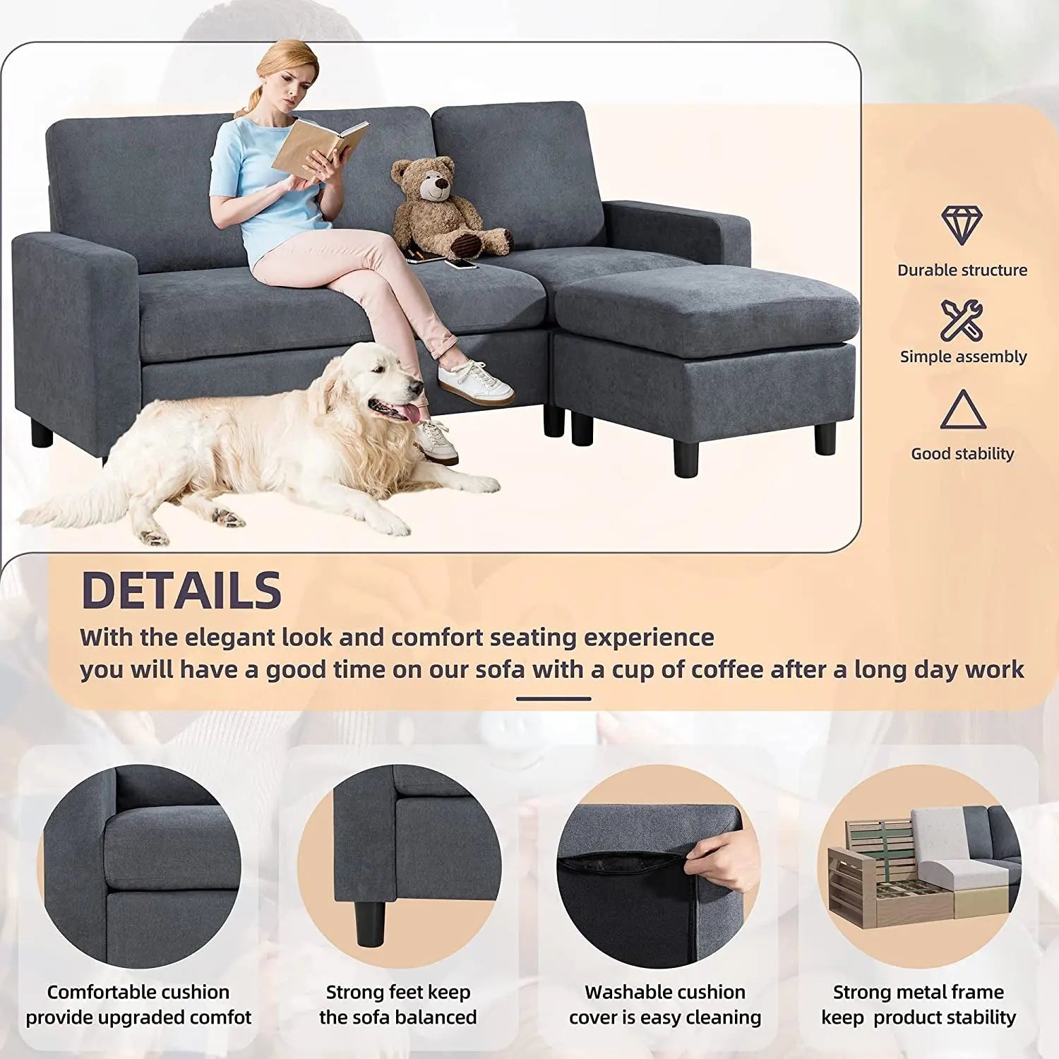 Linen L-Shaped Sectional Sofa Peach Maple