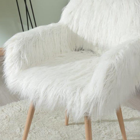 White Faux Fur Upholstered Make-up Chair With Side Dining Chair With Metal Legs