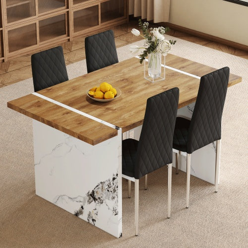 Table And Chair Set.Natural Wood Grain MDF Dining Table - 55x31.5 Inch.Paired With 4 Modern Style Dining Chairs In Black, Essential For Minimalist Homes.Blending Into Various Home Environments.