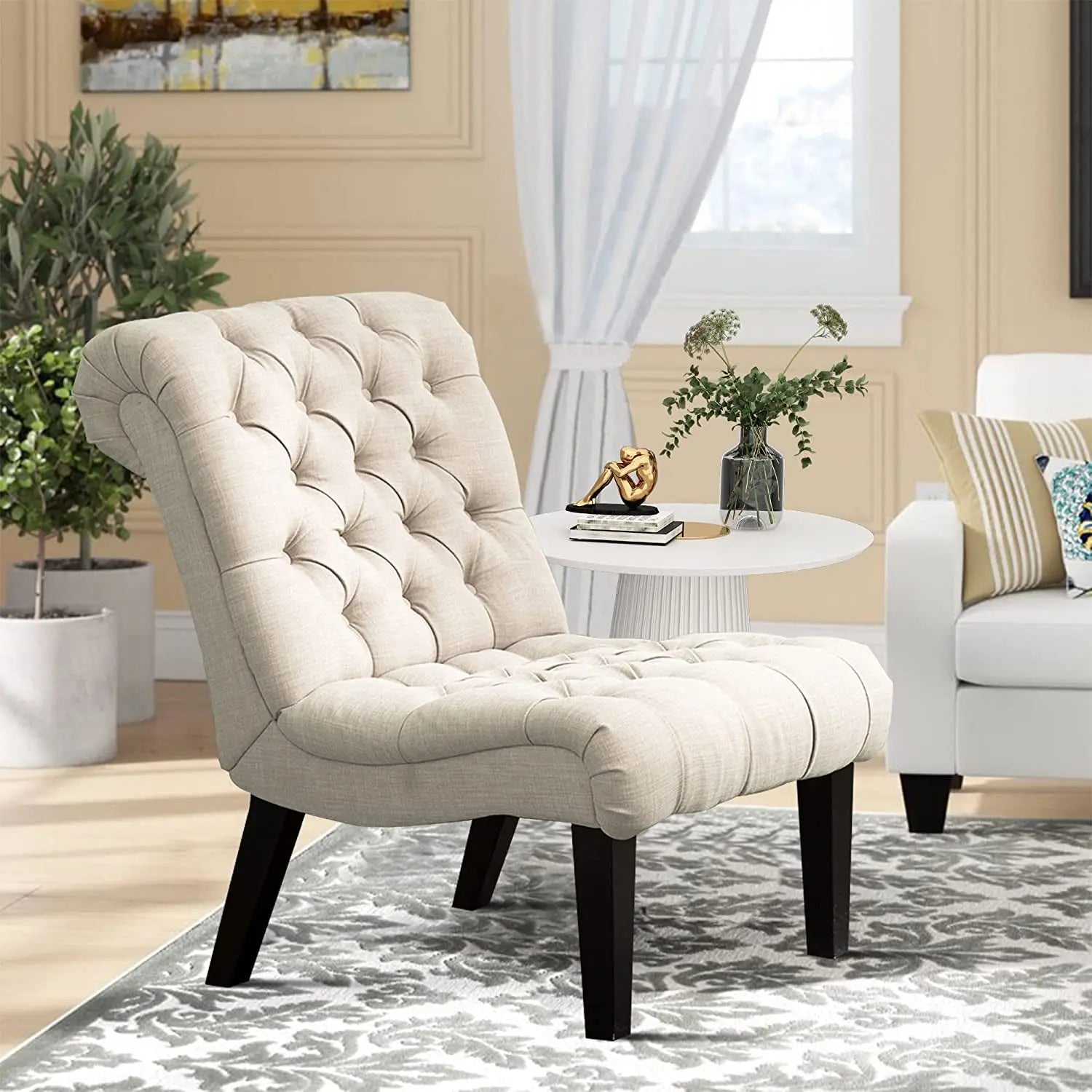 Stylish Cream Accent Chair with Wood Legs Peach Maple