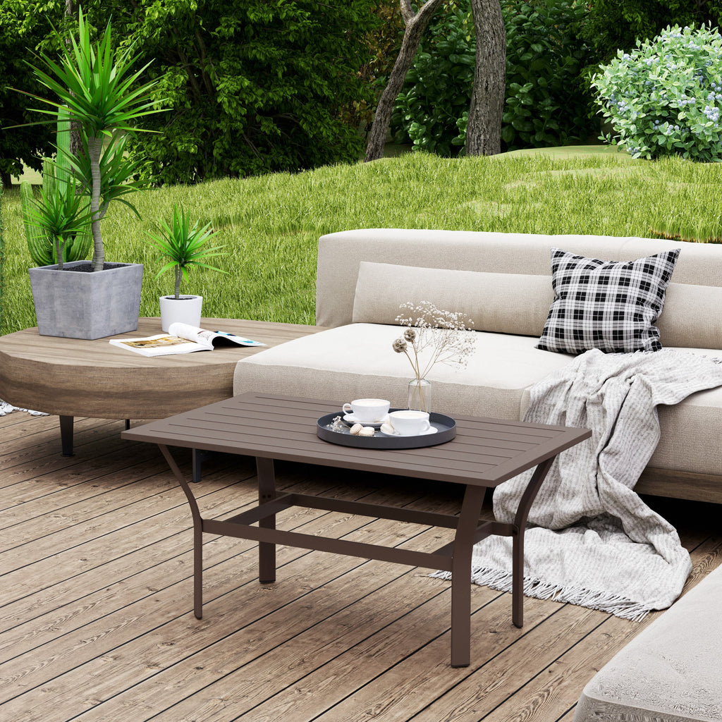 Outdoor Coffee Table With Slatted Tabletop, All-Weather Rectangle Metal Patio Coffee Table For Garden, Brown CJDropshipping