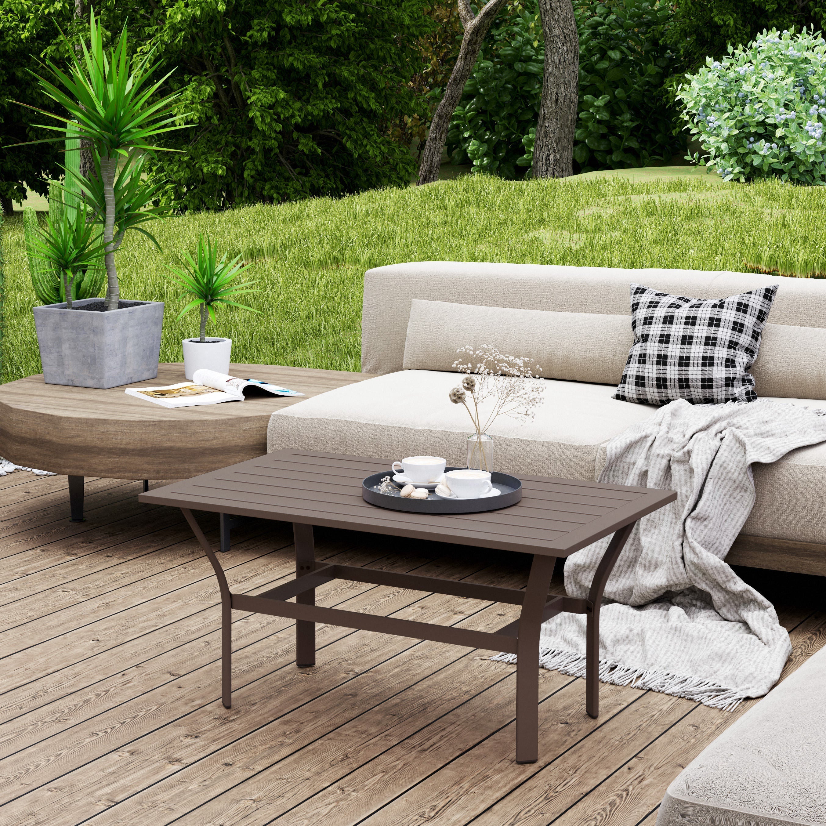 Outdoor Coffee Table With Slatted Tabletop, All-Weather Rectangle Metal Patio Coffee Table For Garden, Brown CJDropshipping