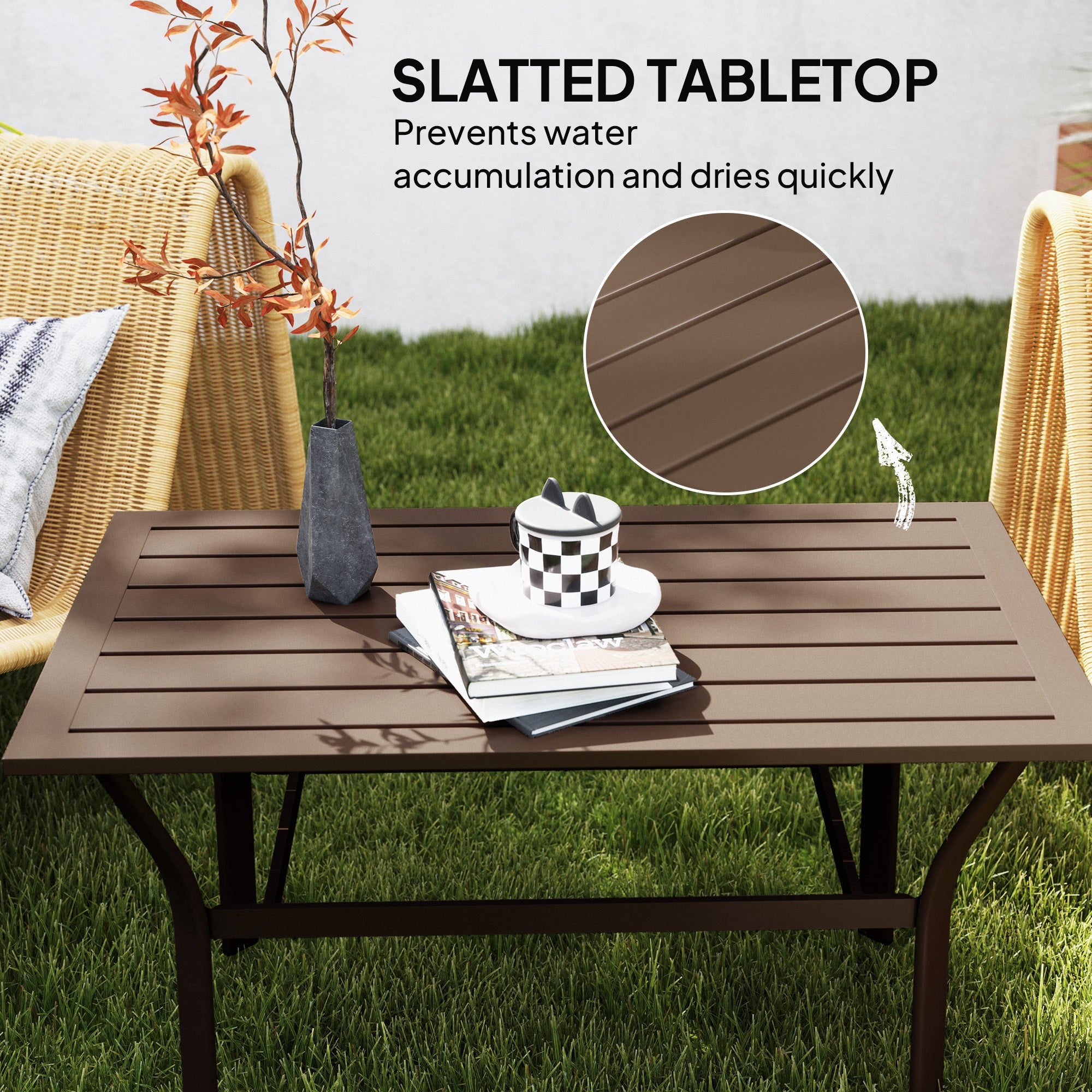 Outdoor Coffee Table With Slatted Tabletop, All-Weather Rectangle Metal Patio Coffee Table For Garden, Brown CJDropshipping