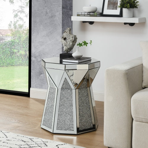 Drum Style Coffee Table With Mirror Crystal Inlay, Polygonal Silver Decorative Table, Modern Design Luxury Modern Furniture, 20 Inch  About 50 Centimeters  Low Coffee Table, Suitable For Living Room CJDropshipping