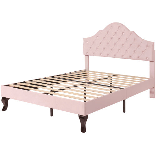 Upholstered Bed With Slatted Frame And Headboard, 4ft6 Double Bed,135x190,Upholstered Bed With Height-adjustable Headboard, Youth Bed, Wooden Slat Support, Easy Assembly, Velvet, Beige