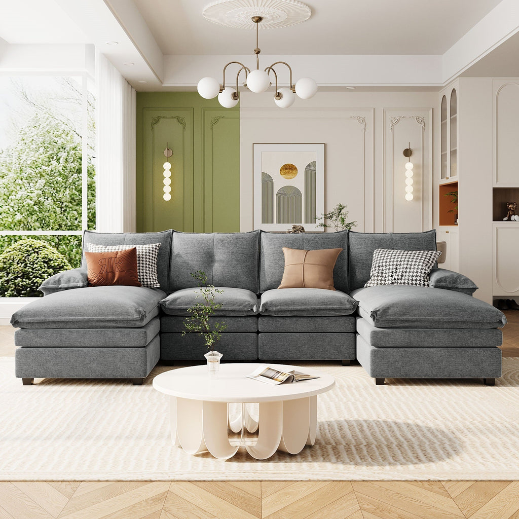 U-Shaped Chenille Sectional Sofa with Adjustable Armrest Pillows -