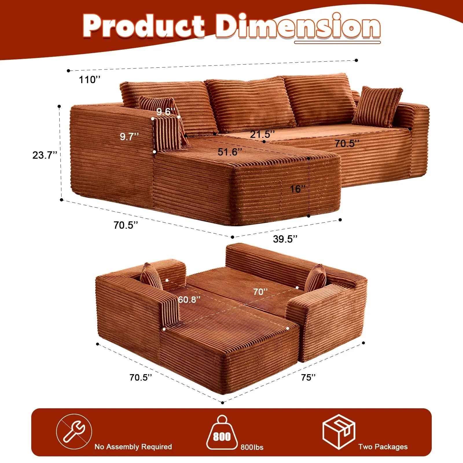 Compression Sectional Couch With Comfy Chaise, Boneless L Shape Sofa Crimson Medea