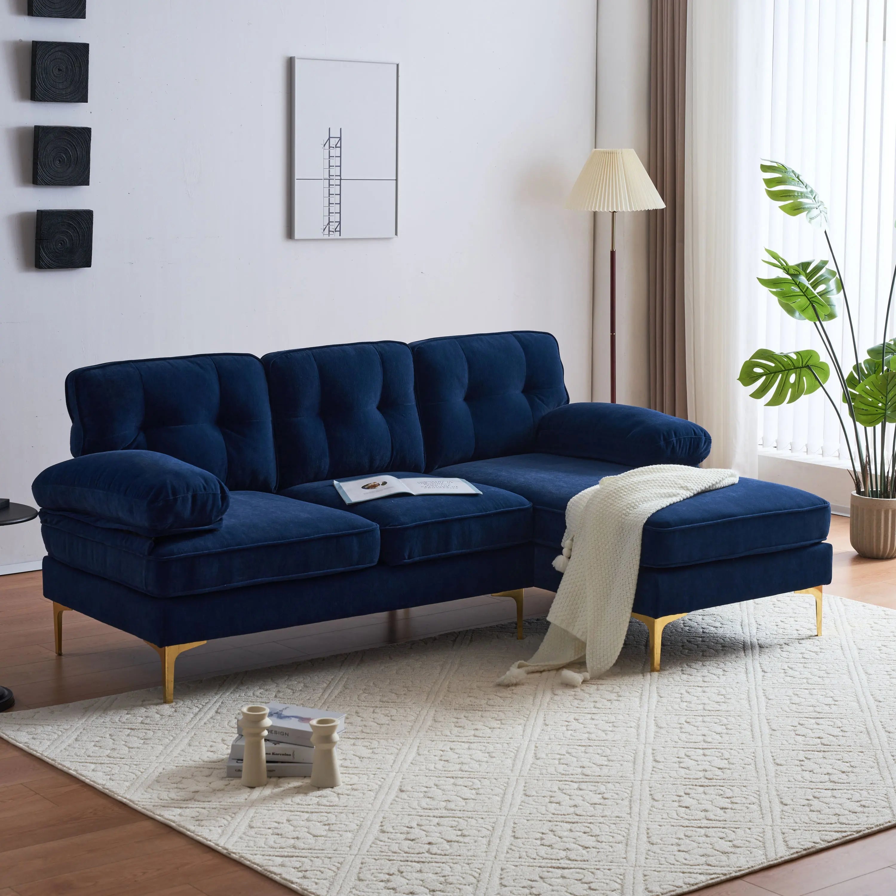 82.6' Modern Sectional Sofas Couches Velvet L Shaped Couches for Sangria Beech