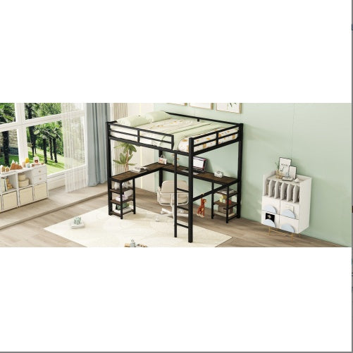 Full Metal Loft Bed With Desk And Shelves, Loft Bed With Ladder And Guardrails, Loft Bed Frame For Bedroom