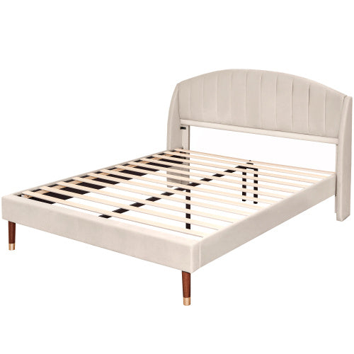 Upholstered Bed,Double Bed-4ft6 135x190cm,with Slatted Frame And Headboard, Youth Bed, Wooden Slatted Support, Easy Assembly, Velvet, Beige