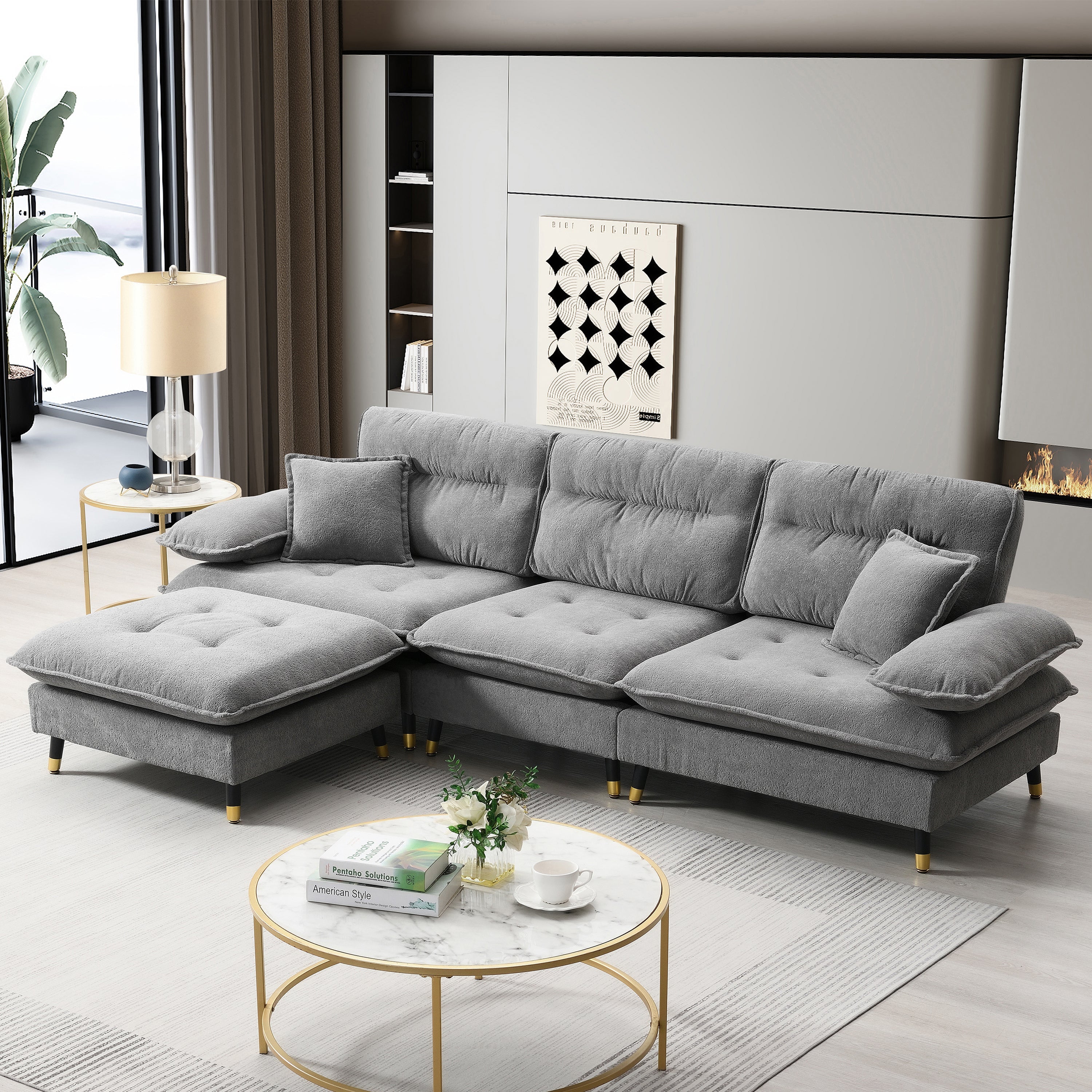 106*66.5" L shaped Convertible Sectional Sofa,4 Seat Tufted Couch Set