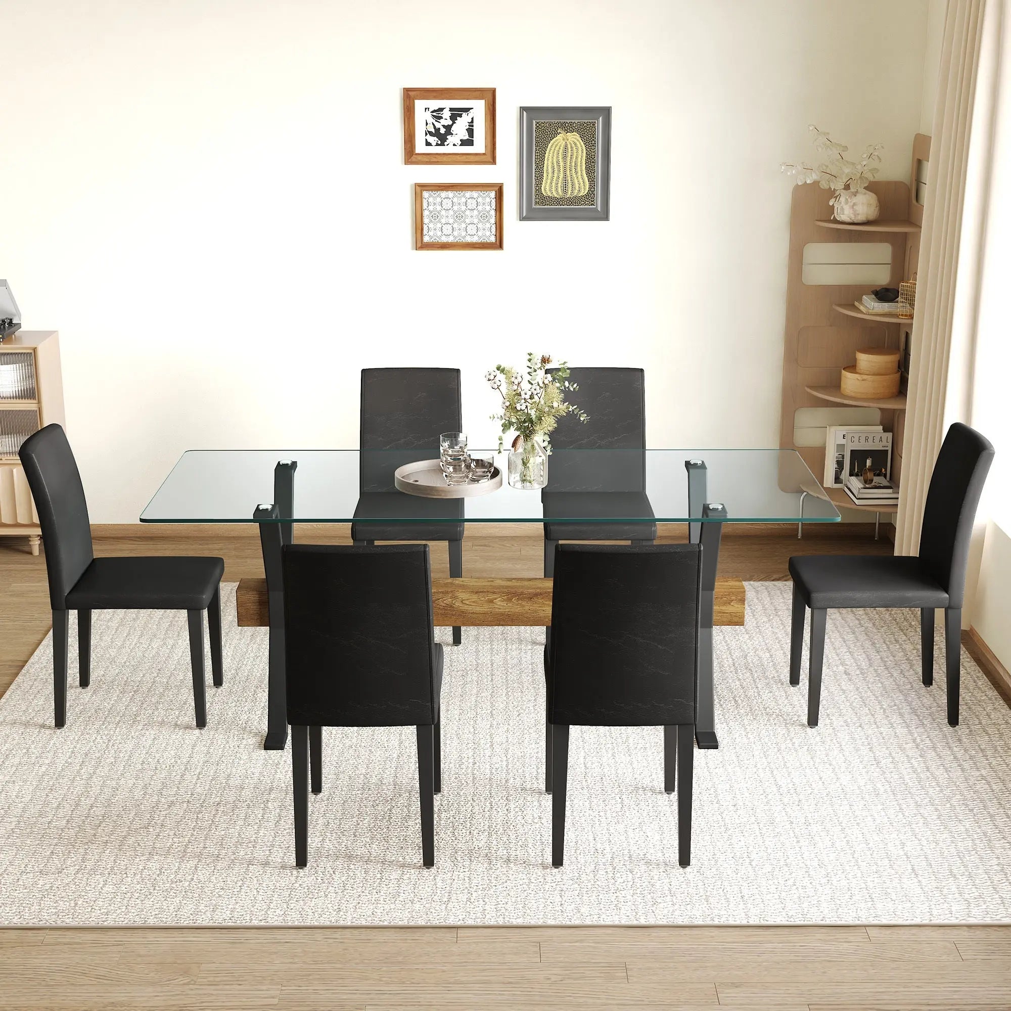 Table and chair set.79'x31.5' Inch Tempered Glass Tabletop With Sangria Beech