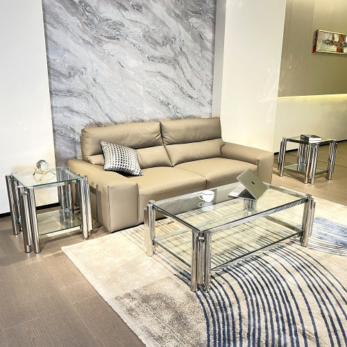 Modern Stainless Steel Coffee Table Set Set Of 3, Double-Layer Clear Tempered Glass Table Top, Coffee Table  Two End Side Table 3-Pieces Sets For Living Room Home Office CJDropshipping