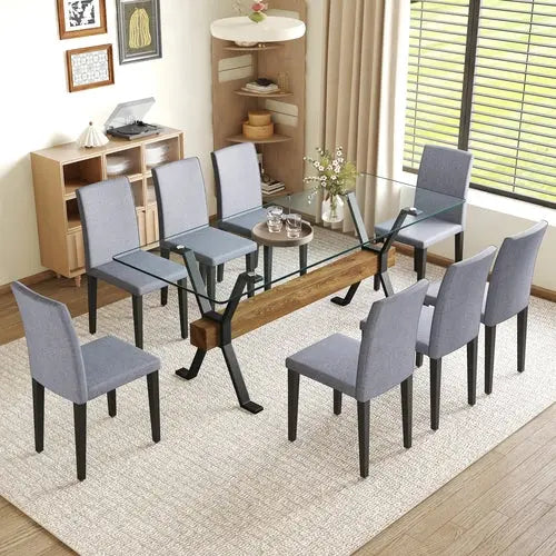 Table and chair set.79'x31.5' Inch Tempered Glass Tabletop With Sangria Beech