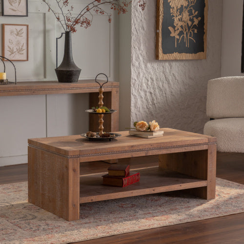 Rectangle Coffee Table With Solid Wood For Living Room, Large 2-Tier Rustic Coffee Table With Storage Shelf, Office And Apartment, Easy Assembly CJDropshipping