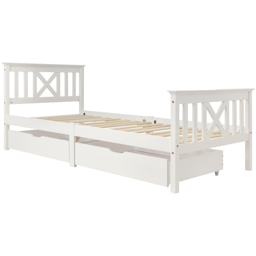 Wooden Bed Frame With Drawers Single Storage Bed Solid Pine Wood,3FT Guest Bed For Adults, Kids, Teenagers