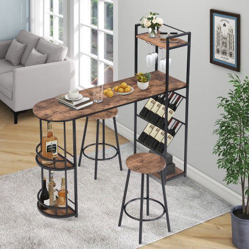 Industrial Bar Table Set With 2 Chairs, Counter Height Kitchen Dining Table, Wine Rack, And Side Storage, Rustic Brown