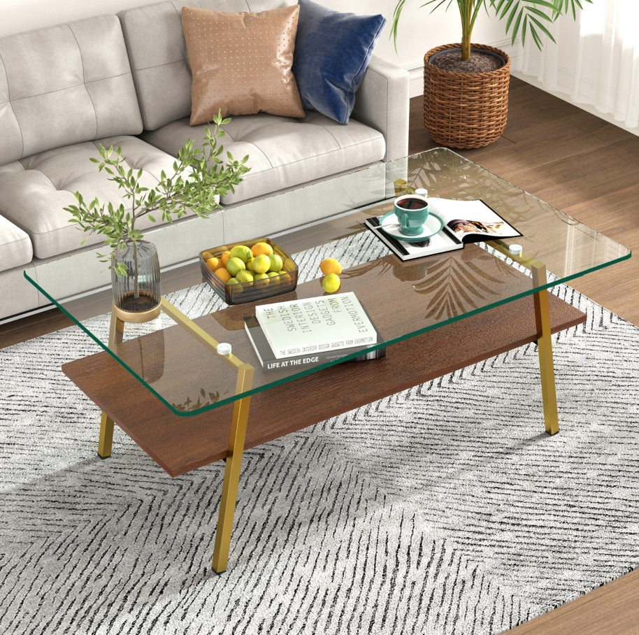 Rectangle Coffee Table, Tempered Glass Tabletop With Gold Metal Legs, Modern Table For Living Room , CJDropshipping